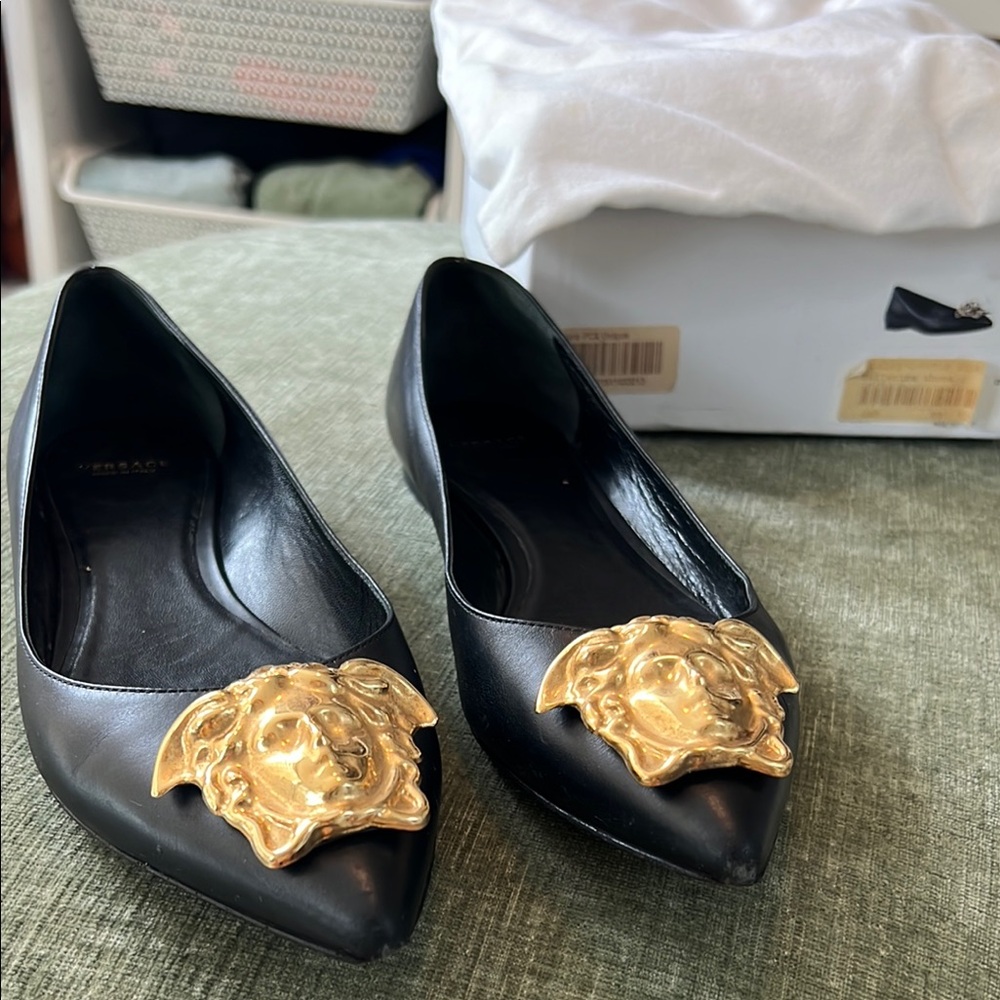 Versace Black and Gold Flats with Medusa Embellishment